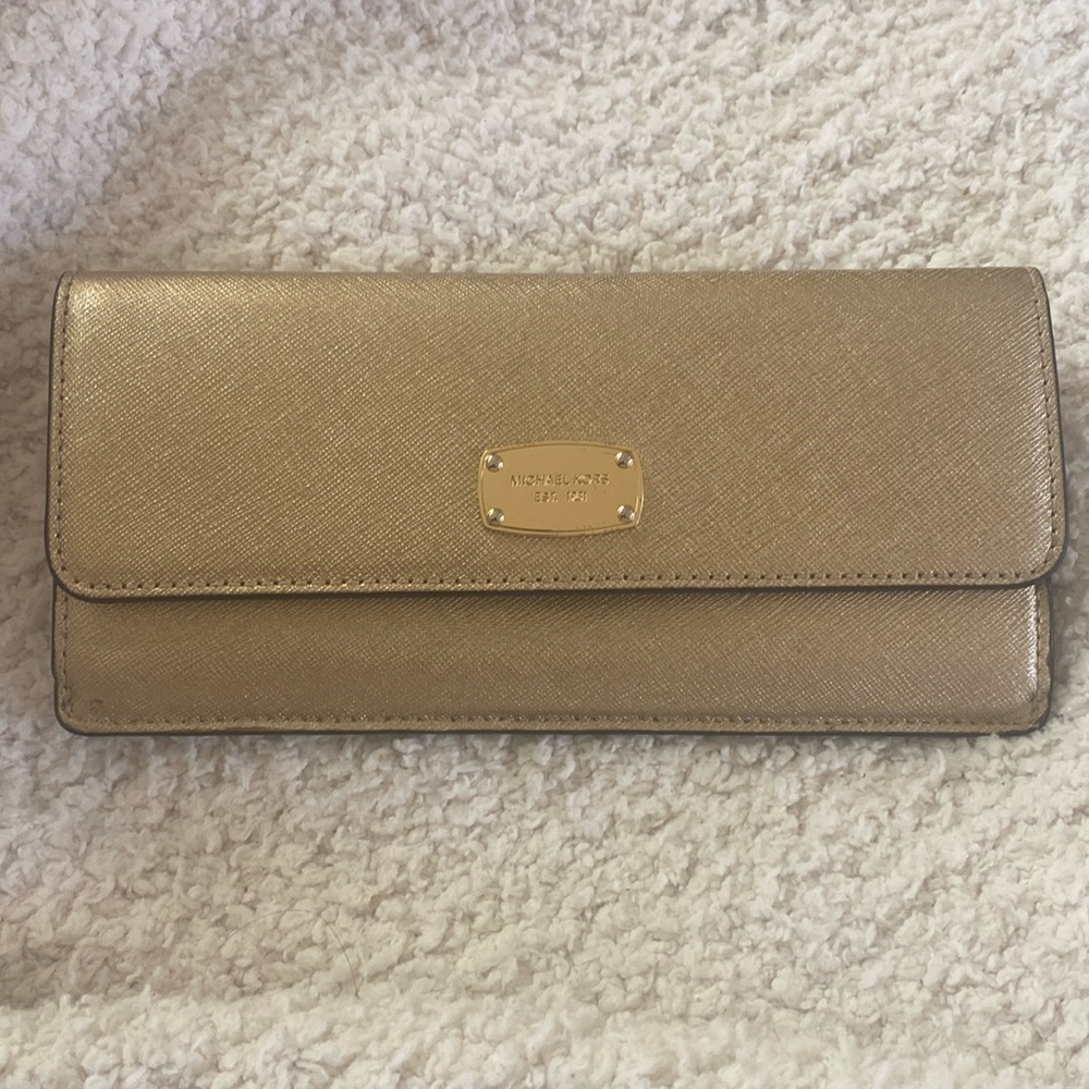 Michael Kors Jet Set Gold Bronze Metallic Leather Slim Line Travel Wallet